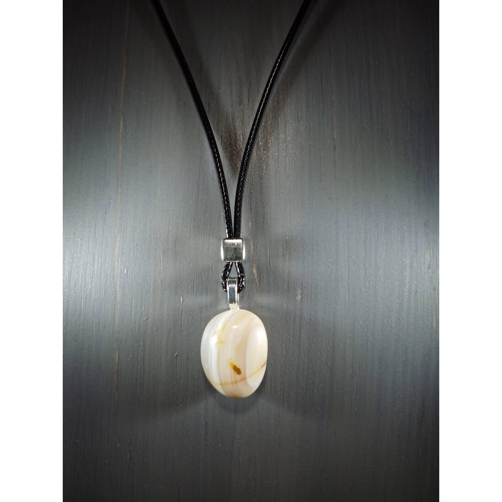 Natural Banded Agate Stone Pendant Necklace 18in Black Waxed Cord Breakaway